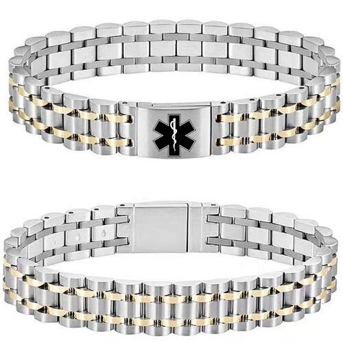 ***COI Titanium Gold Tone/Silver Medical Alert Bracelet With Steel Clasp(Length: 8.66 inches)-01721AA