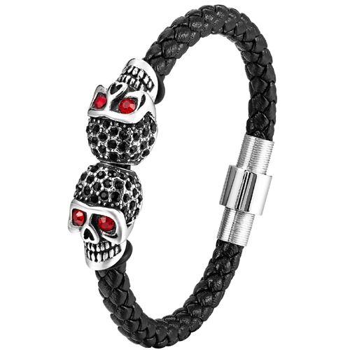 ***COI Titanium Black Silver Skull Cubic Zirconia Genuine Leather Bracelet With Steel Clasp(Length: 8.27 inches)-01725AA
