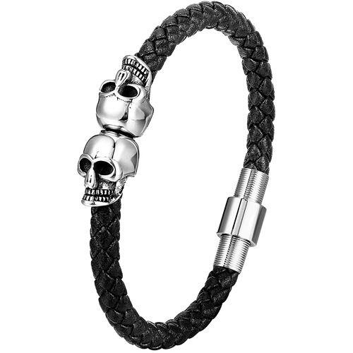 ***COI Titanium Black/Gold Tone/Silver Skull Genuine Leather Bracelet With Steel Clasp(Length: 8.27 inches)-01726AA