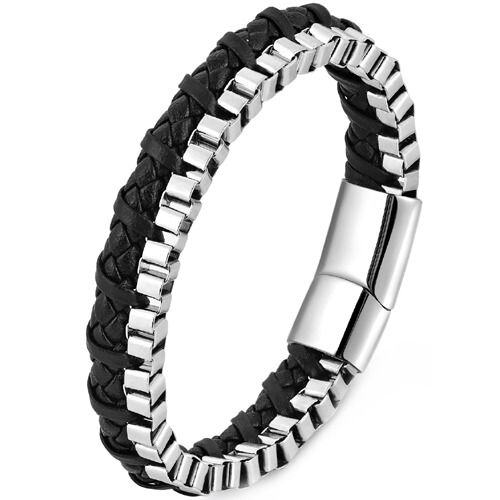 ***COI Titanium Black/Silver Genuine Leather Bracelet With Steel Clasp(Length: 8.27 inches)-01732AA