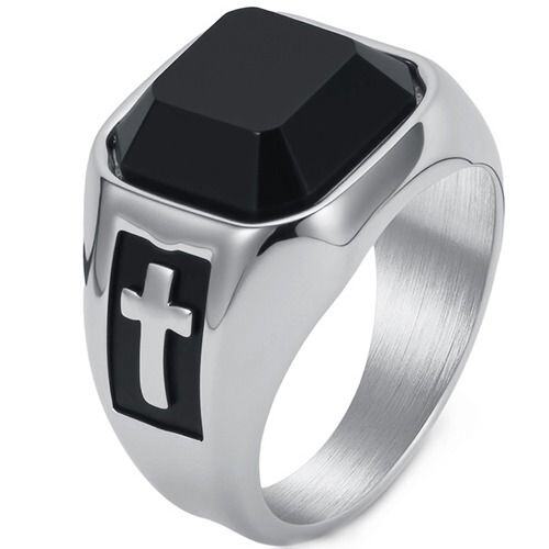 ***COI Titanium Black Gold Tone/Silver Cross Ring With Black Onyx-01739AA