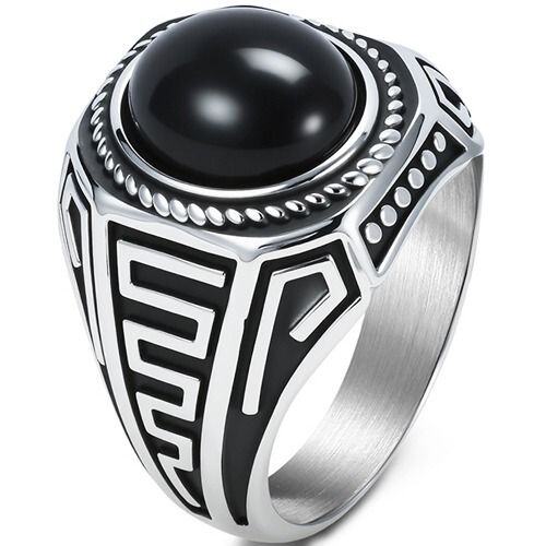 ***COI Titanium Black/Silver Greek Key Pattern Ring With Black Onyx-01740AA
