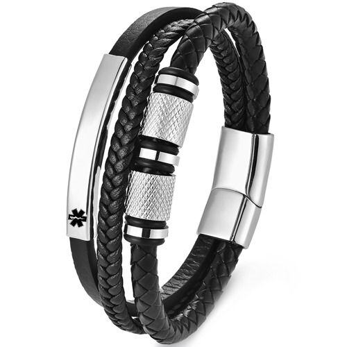 ***COI Titanium Black/Gold Tone/Silver Medical Alert Genuine Leather Bracelet With Steel Clasp(Length: 9.06 inches)-01742AA