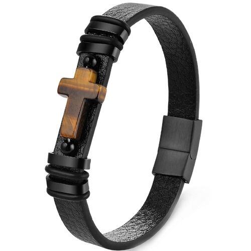 ***COI Black Titanium Tiger Eye Cross Genuine Leather Bracelet With Steel Clasp(Length: 8.27 inches)-01744AA