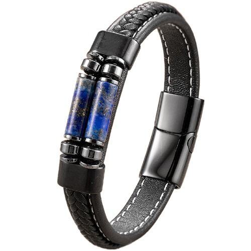 ***COI Titanium Black/Gold Tone/Silver Lapis Lazuli Genuine Leather Bracelet With Steel Clasp(Length: 8.27 inches)-01746AA