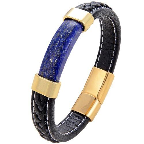 ***COI Titanium Gold Tone/Silver Lapis Lazuli Genuine Leather Bracelet With Steel Clasp(Length: 8.27 inches)-01747AA