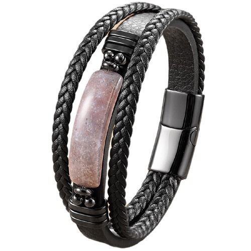 ***COI Black Titanium Pink Onyx Genuine Leather Bracelet With Steel Clasp(Length: 9.06 inches)-01750AA