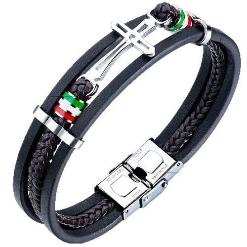 ***COI Titanium Cross Genuine Leather Bracelet With Steel Clasp(Length: 8.27 inches)-01758AA