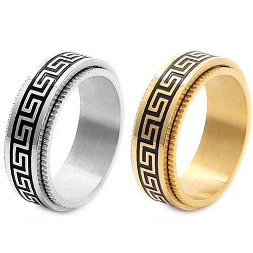 ***COI Titanium Black Gold Tone/Silver Greek Key Pattern Step Edges Ring-01769AA