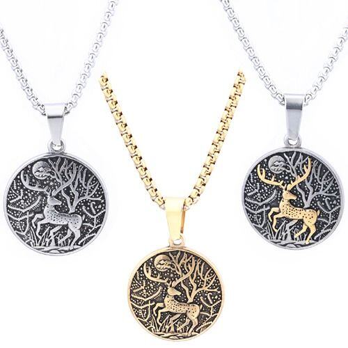 ***COI Titanium Black Gold Tone/Silver Deer Forest & Moon Pendant-01770AA