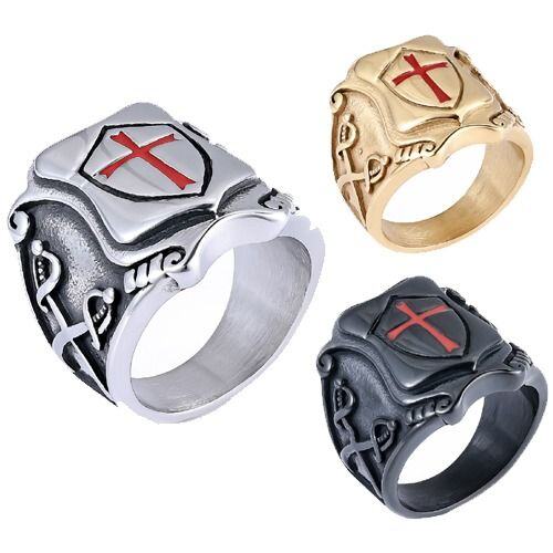 ***COI Titanium Black/Gold Tone/Silver Red Cross & Swords Ring-01873AA