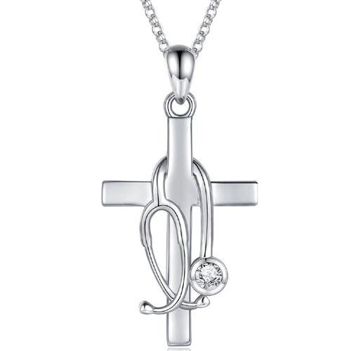 ***COI Titanium Silver Rose/Gold Tone/Silver Stethoscope Cross Pendant With Cubic Zirconia-01874AA