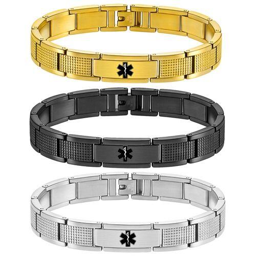 ***COI Titanium Black/Gold Tone/Silver Medical Alert Bracelet With Steel Clasp(Length: 8.26 inches)-01877AA