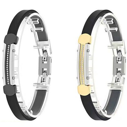 ***COI Titanium Silver Black/Gold Tone Cubic Zirconia Rubber Bracelet With Steel Clasp(Length: 9.25 inches)-01880AA