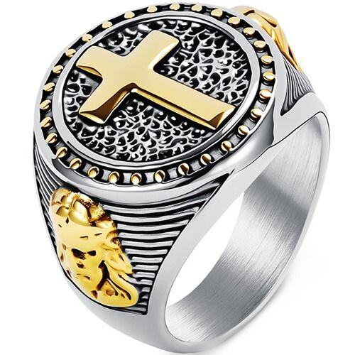 ***COI Titanium Black Gold Tone Silver Cross Ring-01887AA