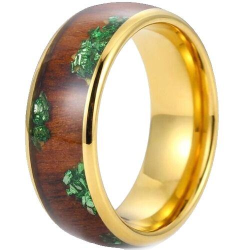 ***COI Gold Tone Titanium Green Malachite & Koa Wood Ring-01888AA