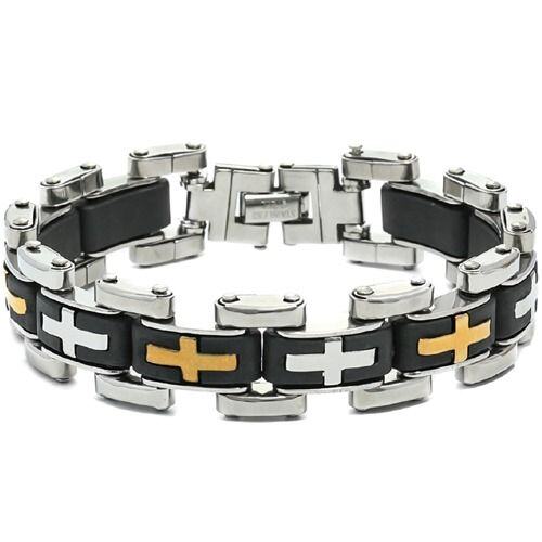 ***COI Titanium Black Gold Tone Silver Cross Bracelet With Steel Clasp(Length: 8.27 inches)-01894AA