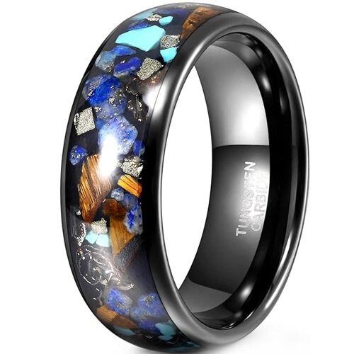 ***COI Black Tungsten Carbide Meteorite Wood Abalone Shell Turquoise Crushed Opal Dome Court Ring-01902AA