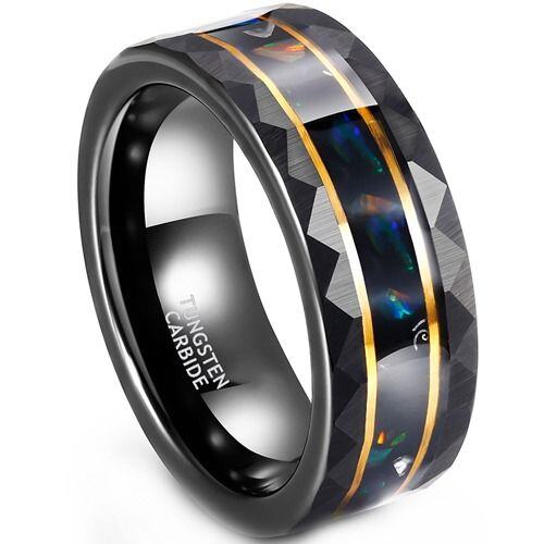 ***COI Tungsten Carbide Black Gold Tone Double Grooves Faceted Abalone Shell & Meteorite Ring-01903AA