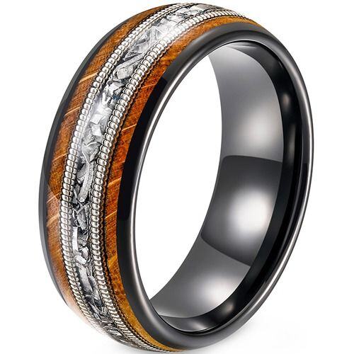 ***COI Tungsten Carbide Black Silver Wire Koa Wood & Meteorite Ring-01906AA