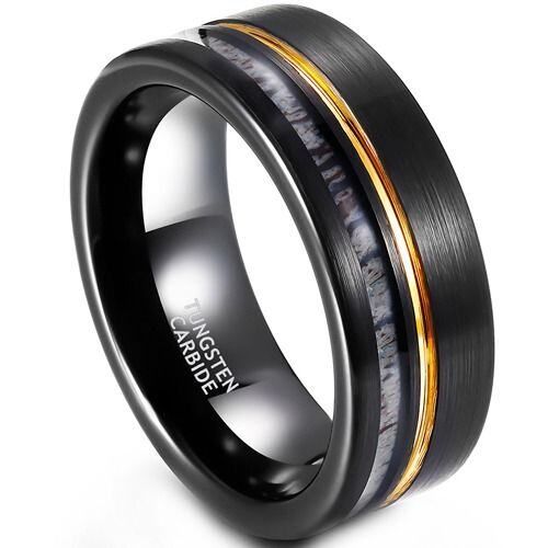 ***COI Tungsten Carbide Black Gold Tone Offset Groove With Deer Antler-01908AA
