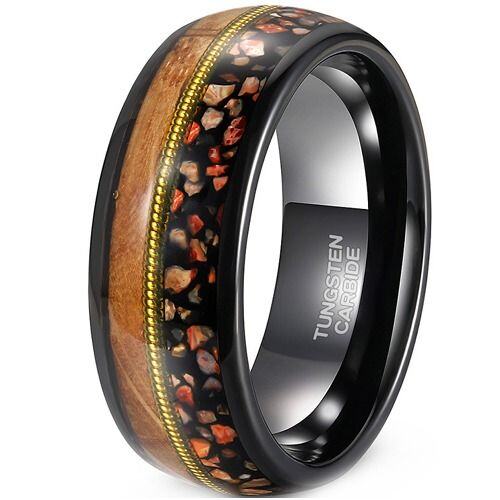 ***COI Tungsten Carbide Black Gold Tone Wire Ring With Koa Wood & Dinosaur Bone-01910AA