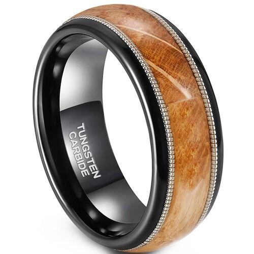 ***COI Tungsten Carbide Black Silver Wire Ring With Koa Wood-01914AA