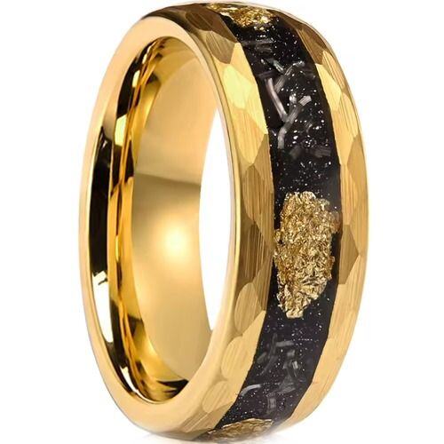 ***COI Gold Tone Tungsten Carbide Meteorite & Gold Foil Dome Court Faceted Ring-01916AA