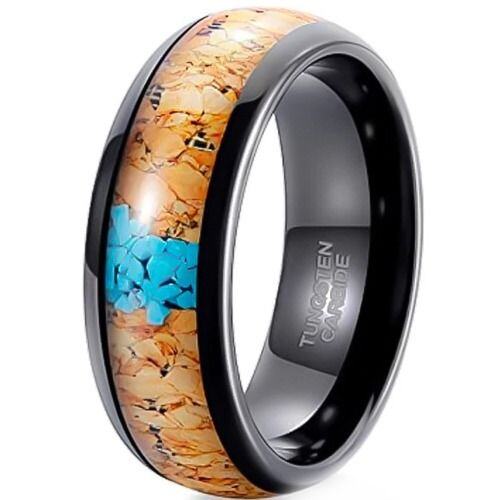 ***COI Black Tungsten Carbide Dome Court Ring With Turquoise & Koa Wood-01920AA