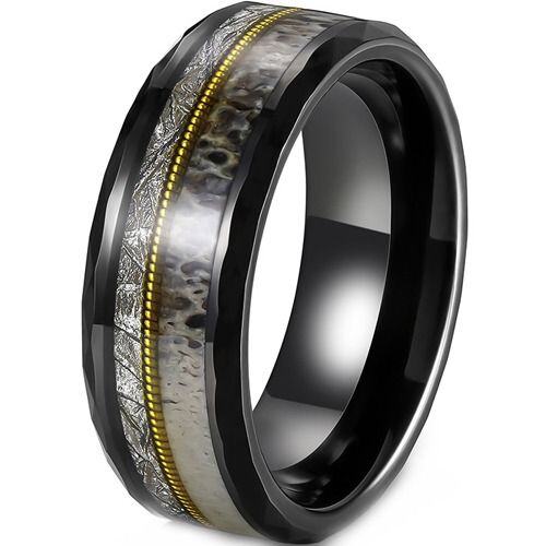 ***COI Tungsten Carbide Black Gold Tone Wire Ring With Deer Antler & Meteorite-01922AA