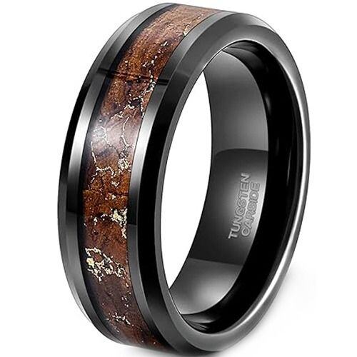 ***COI Black Tungsten Carbide Beveled Edges Ring With Koa Wood & Gold Foil-01924AA