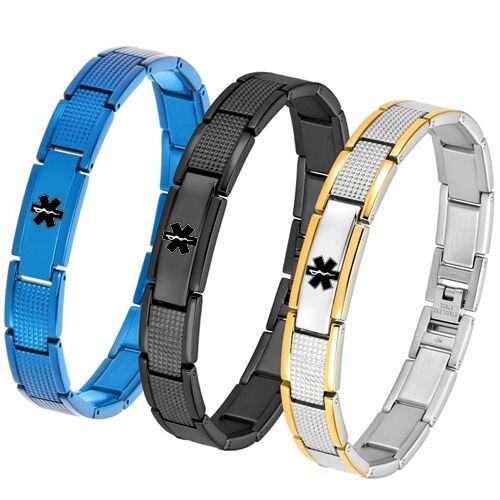 ***COI Titanium Blue/Gold Tone Silver/Black Medical Alert Bracelet With Steel Clasp(Length: 8.27 inches)-01934AA