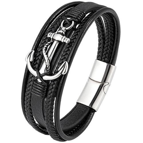 ***COI Titanium Anchor Genuine Leather Bracelet With Steel Clasp(Length: 8.27 inches)-01946AA