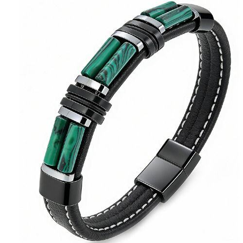 ***COI Titanium Black Silver Green Malachite/Tiger Eye Genuine Leather Bracelet With Steel Clasp(Length: 8.27 inches)-01951AA