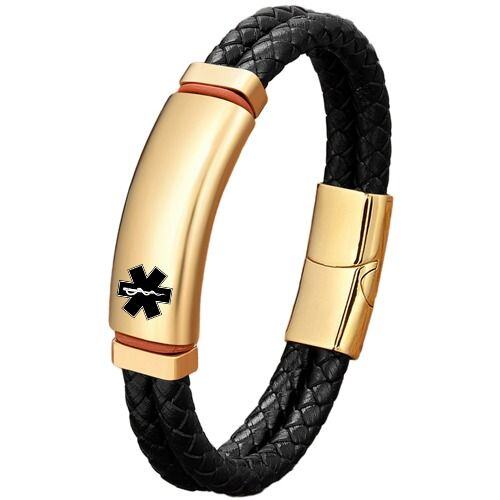 ***COI Titanium Black/Gold Tone/Silver Medical Alert Genuine Leather Bracelet With Steel Clasp(Length: 8.27 inches)-01955AA