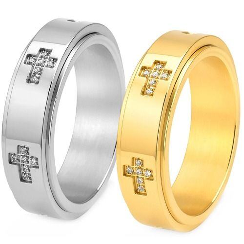 ***COI Titanium Gold Tone/Silver Cross Ring With Cubic Zirconia-01963AA