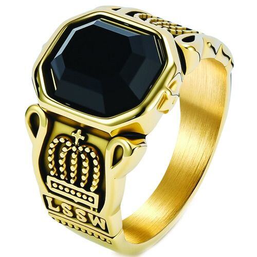 ***COI Titanium Black/Gold Tone/Silver Crown Ring With Black Onyx-01973AA