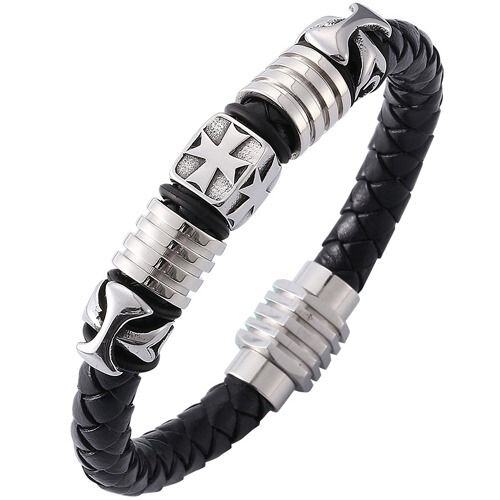 ***COI Titanium Cross Genuine Leather Bracelet With Steel Clasp(Length: 8.66 inches)-01978AA
