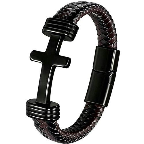 ***COI Titanium Black/Gold Tone/Silver Cross Genuine Leather Bracelet With Steel Clasp(Length: 9.06 inches)-01979AA