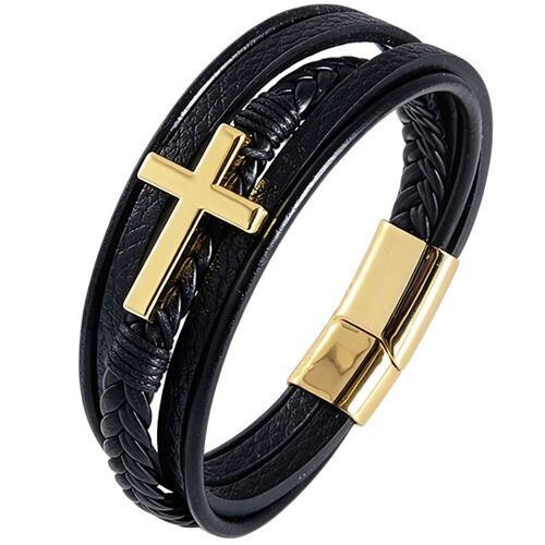 ***COI Titanium Black/Gold Tone/Silver Cross Genuine Leather Bracelet With Steel Clasp(Length: 8.46 inches)-01981AA
