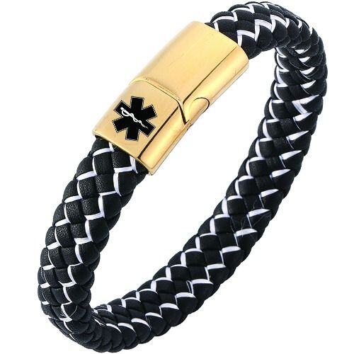 ***COI Gold Tone Titanium Medical Alert Genuine Leather Bracelet With Steel Clasp(Length: 8.27 inches)-01983AA