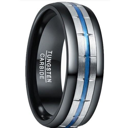 ***COI Tungsten Carbide Black Blue Silver Tire Tread Ring-01987AA