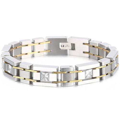 ***COI Titanium Black Silver/Gold Tone Silver/Gold Tone Cubic Zirconia Bracelet With Steel Clasp(Length: 8.27 inches)-01990AA