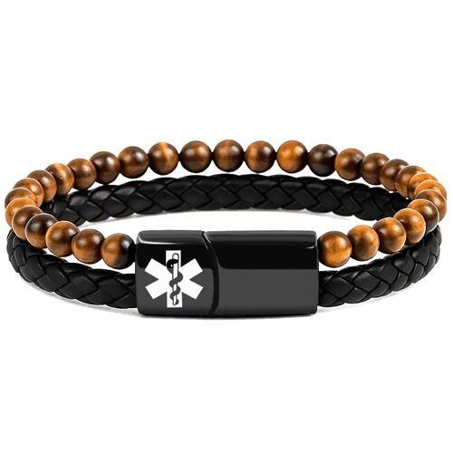 ***COI Black Titanium Medical Alert Tiger Eye Genuine Leather Bracelet With Steel Clasp(Length: 8.27 inches)-02006AA