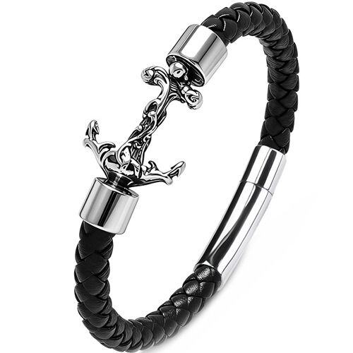 ***COI Titanium Anchor Genuine Leather Bracelet With Steel Clasp(Length: 8.27 inches)-02007AA