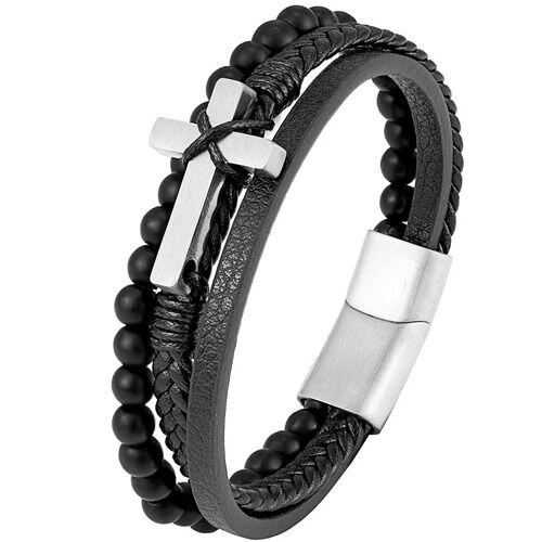 ***COI Titanium Gold Tone/Silver Cross Genuine Leather Bracelet With Steel Clasp(Length: 9.06 inches)-02009AA