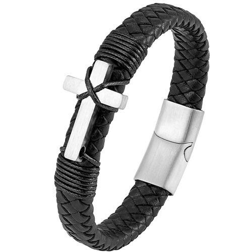 ***COI Titanium Gold Tone/Silver Cross Genuine Leather Bracelet With Steel Clasp(Length: 8.27 inches)-02010AA