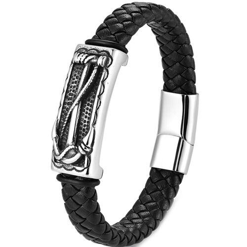 ***COI Titanium Black Silver Anchor Genuine Leather Bracelet With Steel Clasp(Length: 9.06 inches)-02018AA
