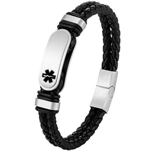 ***COI Titanium Black/Silver/Gold Tone Medical Alert Genuine Leather Bracelet With Steel Clasp(Length: 8.27 inches)-02022AA