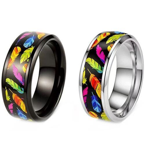 ****COI Titanium Black/Silver Rainbow Pride Leaves Beveled Edges Ring-02025AA